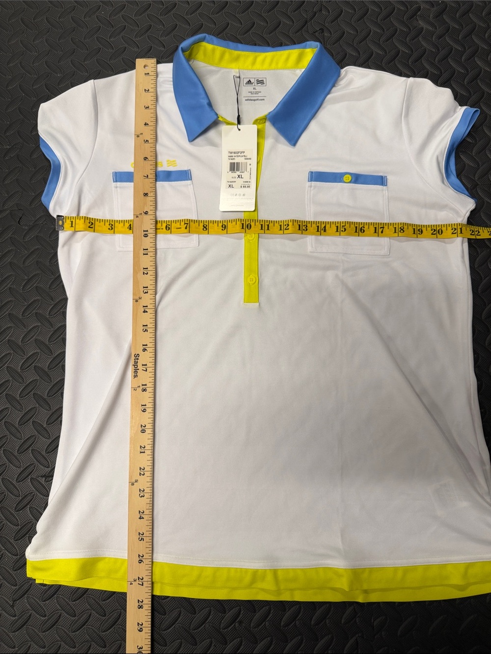 adidas White Polo w/ Yellow & Teal Accents-XL-Golf- lightweight-moisture control - Picture 6 of 12